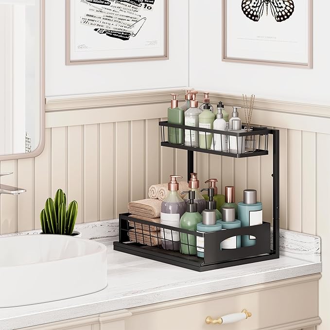 Under Sink Organizer , 2 Pack Height Adjustable Cabinet Organizer with Slide Out Drawer, Pull Out Under Sink Storage, Multi-Purpose 2 Tier Sink Shelves for Kitchen Bathroom Pantry (Black, 2 Pack)