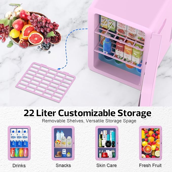 advwin 22L Mini Fridge for Bedroom, 30 Cans Portable Cooler & Warmer Compact Refrigerators with AC/DC Power for Skin Care, Beverage, Cosmetics, Food, Drinks, Office Desk Dorm Room
