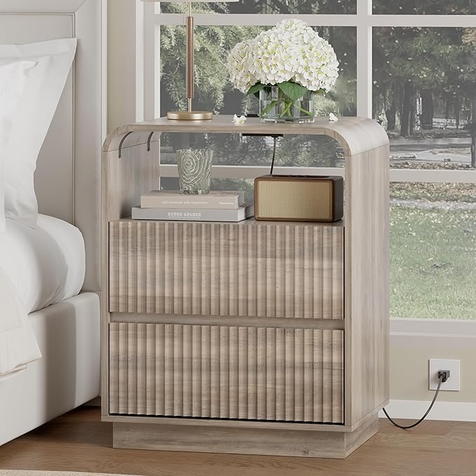 Grey Nightstands Set of 2 with Charging Station, Mid Century Modern End Tables & Bedside Tables, Fluted Wood Small Night Stands with 2 Hidden Drawers and Storage Shelf for Bedroom, Gray