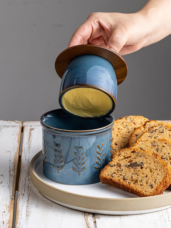 Ceramic Butter Dish with Lid, Butter Crock for Countertop, French Butter Keeper, Elegant Embossed Pattern, Blue
