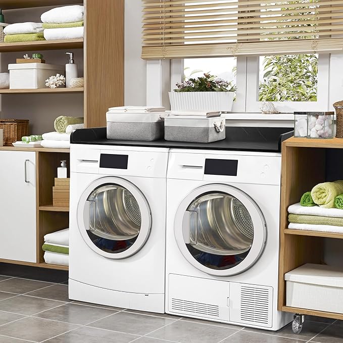 Washer Dryer Countertop with 2 Pack Storage Baskets, Wood Washer and Dryer Countertop with Non-Slip Pads/Edge Rails for Laundry Room Storage and Organization, 27.5" W x 54" L(Black Marble)