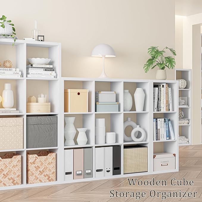 Cube Storage Organizer Bookcase, Decorative 11 inch Open Back Cubical Shelf with Thickened Border, Display Bookshelf for Living Room, Home Office, Sturdy Room (White, 9 Cube)