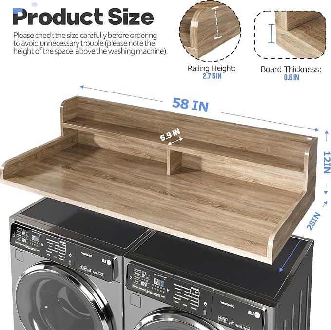 2-Tier Washer and Dryer Countertop with 2.75" H Guard,58" W x 28" D Laundry Countertop Cover with Non-Slip Pad,Large Space Laundry Topper for Folding Clothes Over Washer and Dryer-White Oak
