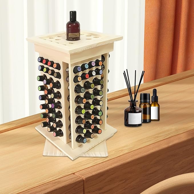 Rotating Essential Oil Rack, 104 Holes Cosmetic Display Cases, Wooden Essential Oil Bottle Storage Organizer,, Multi Layer Countertop Holder for Beauty Store, Bedroom, Store, Exhibition
