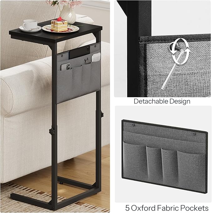 HOOBRO C Shaped End Table, 29.5’’ Adjustable Height Side Table with Storage Pockets, Couch Table Slide Under for Sofa, Small Space, for Living Room, Bedroom, Black BB77SF01