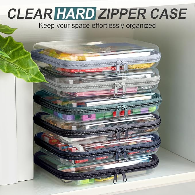 Sanwuta 6 Pcs Clear Hard Zipper Case Hard Plastic Zipper Pouches Transparent Makeup Bag Pencil Pouches for Travel Snacks Christmas Trinket Storage Organizer Box(Blue-green,7.87 x 5.9 x 2 Inch)
