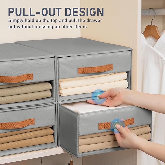 DIMJ Closet Organizers and Storage - Fabric Bins with Drawers for Closet Foldable Clothes Organizers with Clear Window, Stackable Storage Drawers Units for Bedroom, Living Room, 4-Pack, Grey