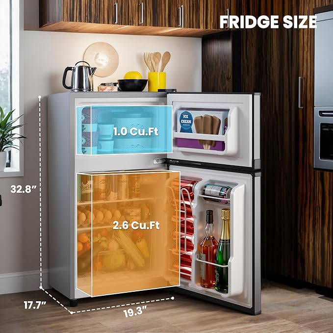 Manastin 3.6 Cu.Ft Mini Fridge with Freezer, 2 Door Small Refrigerator, 7 Level Adjustable Thermostat, Compact Fridge for Living Room, Office, Kitchen and Apartment(Silver)