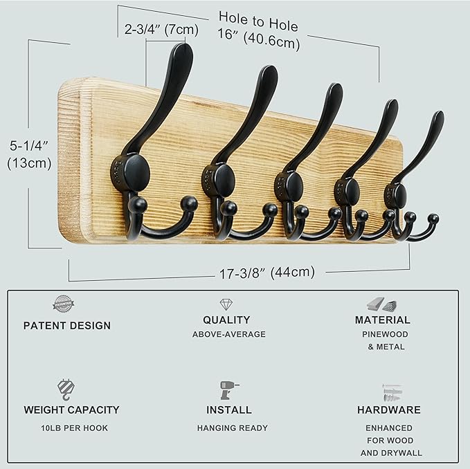 Dseap Coat Rack Wall Mount - Heavy-Duty Robust Rustic Wooden Wall Coat Hanger Hook Rail with 5 Triple Hooks for Winter Coats Hat Jacket Clothing, Light Brown & Black, Pack of 2