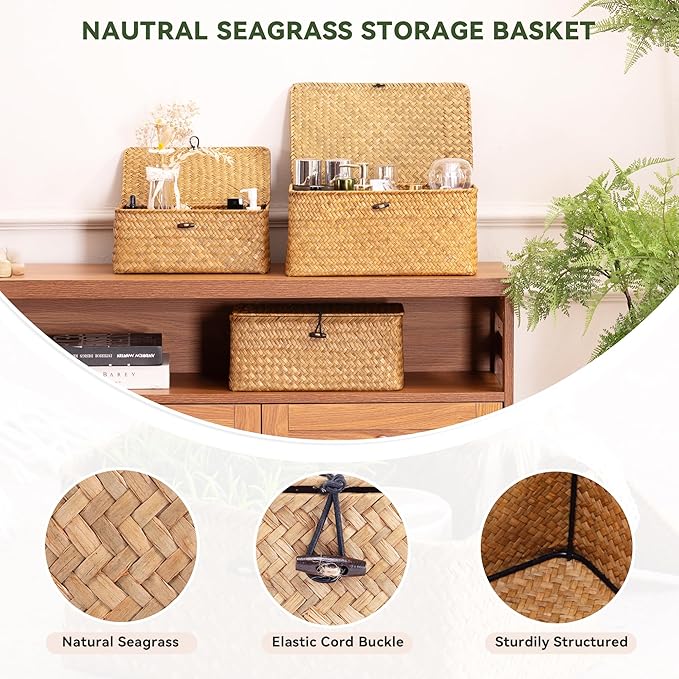 Nonam Storage Basket with Lid, Natural Seagrass Bin with Lid Set of 3, Shelf Baskets Multipurpose Container for Boho Decoration, Rectangular Household Storage Boxes for Home Organization