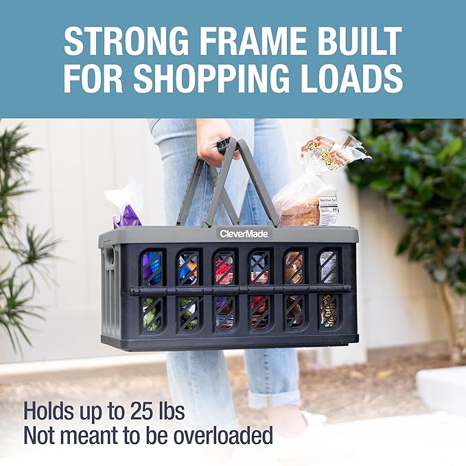 CleverMade Collapsible Shopping Basket, Stone, 3PK - 24L (6 Gal) Reusable Plastic Grocery Shopping Baskets, Holds 25lbs Per Basket - Small Foldable Storage Crates with Handles