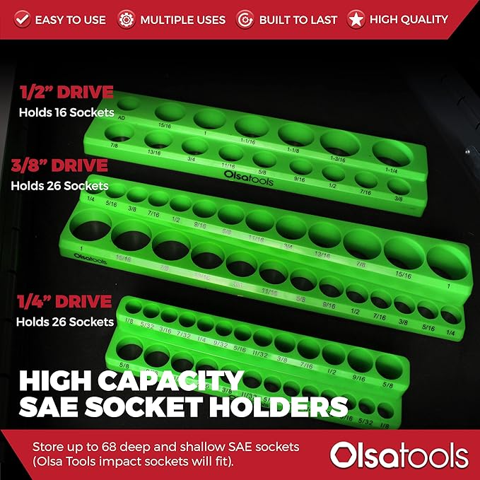 Olsa Tools Magnetic Socket Organizer | 3 Piece Socket Holder Kit | 1/2-Inch, 3/8-Inch, & 1/4-Inch Drive | SAE Green | Holds 68 Sockets | Professional Quality Tools Organizer