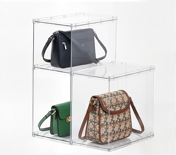 FOCHIER F Bag & Purse Organizer for Closet,3 Pack Stackable Plastic Handbags Storgae Shelf Dividers,Clear Clutch Bag Organizers and Storage for Wardrobe Bathroom Study and Office(2 Large+1 Small)