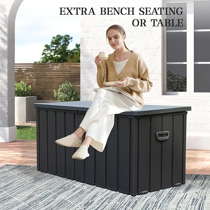 Domi 120 Gallon Deck Box, Metal Outdoor Storage Box with Resin Lid Lock Wheels Side Handles, Waterproof Outside Storage Box for Patio Cushions, Shoes & Pool Tools