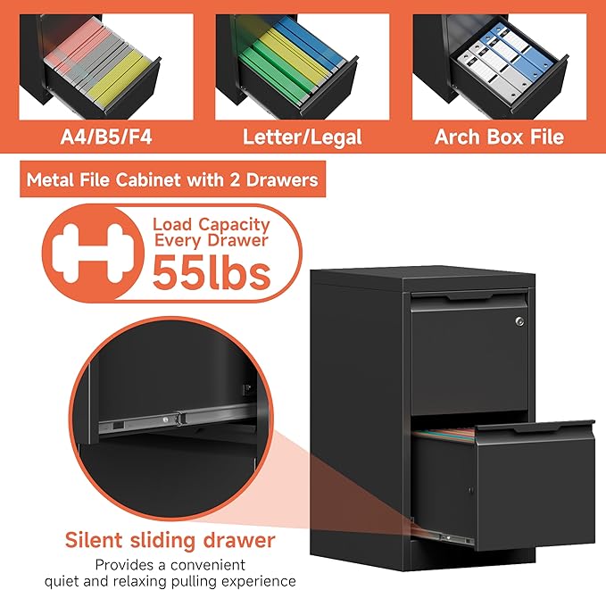 Metal Filing Cabinet With Lock, Vertical 2 Drawer Cabinet for Home Office/Legal/Letter/A4, Lockable for Hanging Files - Assembly Required/Black