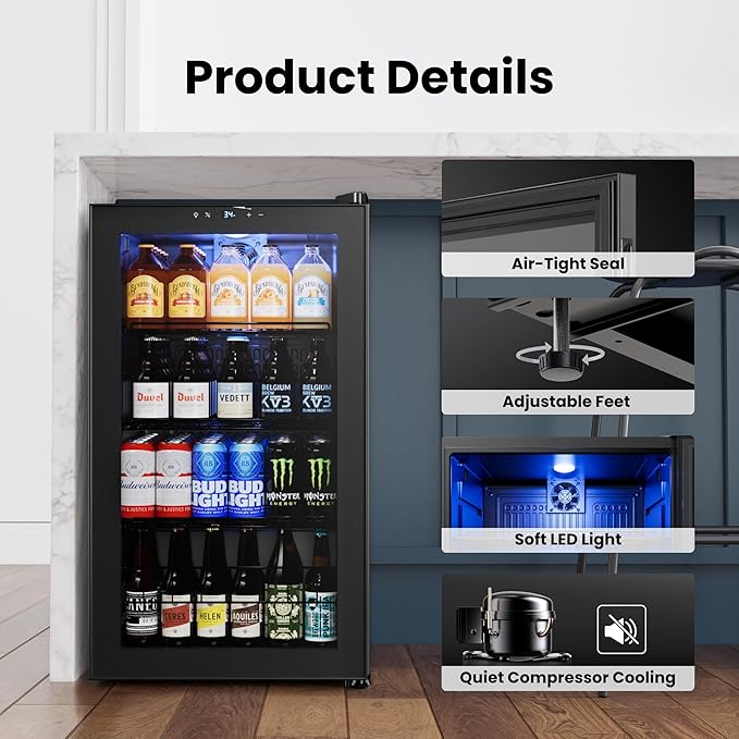 Yeego Beverage Refrigerator Cooler, 130 Cans Mini Fridge with Glass Door Beverage Fridge with Adjustable shelves for Soda Beer or Wine,Beverage Cooler with Digital Temperature Control for Home Office