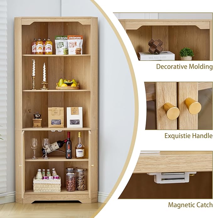 Mid-Century Modern 70" H Tall Coner Storage Cabinet with Doors & Adjustable Shelves, Wood Home Coner Pantry Hutch for Kitchen, Dining Living Room, Bathroom, Antique Dispaly (Black)