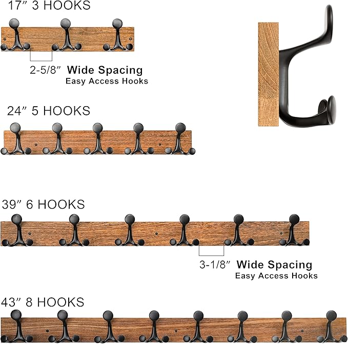 SKOLOO 17-Inch Wood Burnt Coat Rack Wall Mount with 3 Triple Hooks - Ideal for Family Entrances, Classrooms, and Pet Supplies Storage - Perfect Coat Hooks for Wall