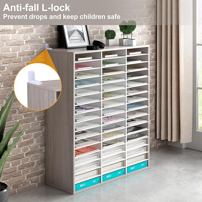 TQVAI Literature Organizer, Heavy Duty 48 Compartments Countertop Mail Organizer with Adjustable Shelves, Wooden Desk Paper Storage Organizer, Mailboxes Cubbies for Office, Classroom, Retro Grey/White