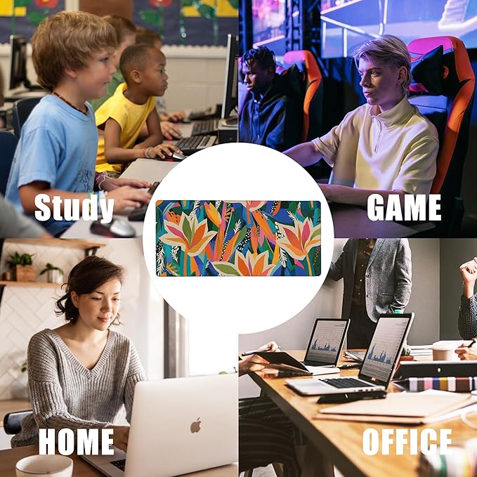 Colorful Tropical Floral Large Gaming Mouse Pad,Waterproof Desk Mat for Desktop,Non-Slip Rubber Base Mousepad with Stitched Edges for Laptop Office and Home 35.4X15.7 Inch