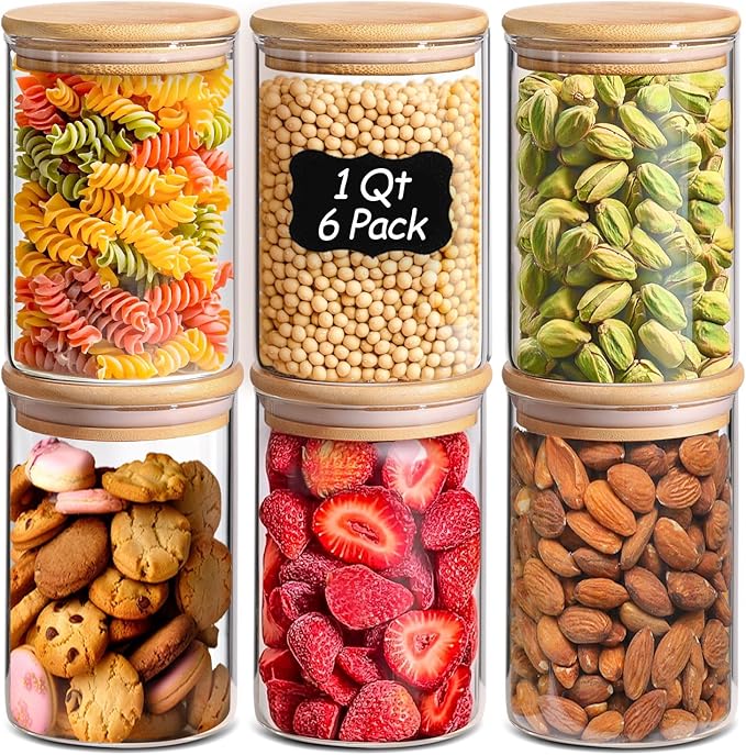 ComSaf 1 Qt Glass Storage Containers with Lids, Glass Jars with Lids, Clear Food Storage Jar, Round Canister Set of 6, Pantry Organizers for Cookie Pasta Flour Rice Tea Coffee Bean