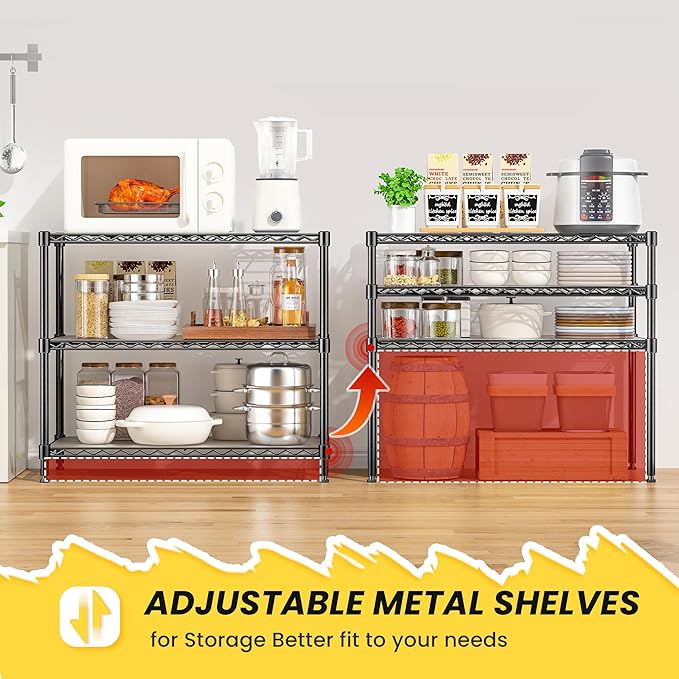 3-Shelf Adjustable Storage Shelves Metal Shelving Unit Heavy Duty Wire Rack Small Organizer with 3 Shelf Liners for Kitchen Pantry Bathroom Laundry Closet Garage 24" W x 14" D x 30" H Black