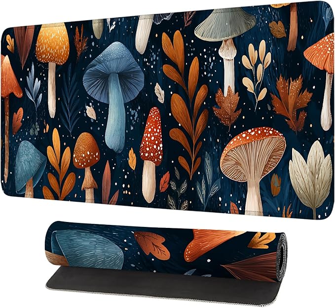 Mushroom Forest Mouse Pad – Large Extended Desk Mat 31.5 x 11.8 in– Autumn Woodland Fungi Illustration, Waterproof Surface, Non-Slip Rubber Base, Keyboard & Mouse Pad for Nature Lovers