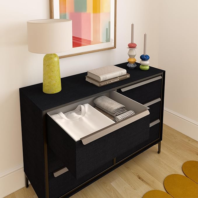 Naima Premium Fabric Dresser - Strong Metal Frame, 6 Spacious Sag-Proof Drawers with Sleek Metal Handles - Premium & Durable Storage Solution for Your Home (Black)