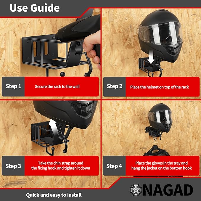 Wall Mount Motorcycle Helmet Rack with Gloves Tray, Dirt Bike Bicycle Helmet Holder Display Hanger Storage Organizer Stand Hook, Motorcycle Accessories for Enclosed Trailer, Truck,Garage and Warehouse