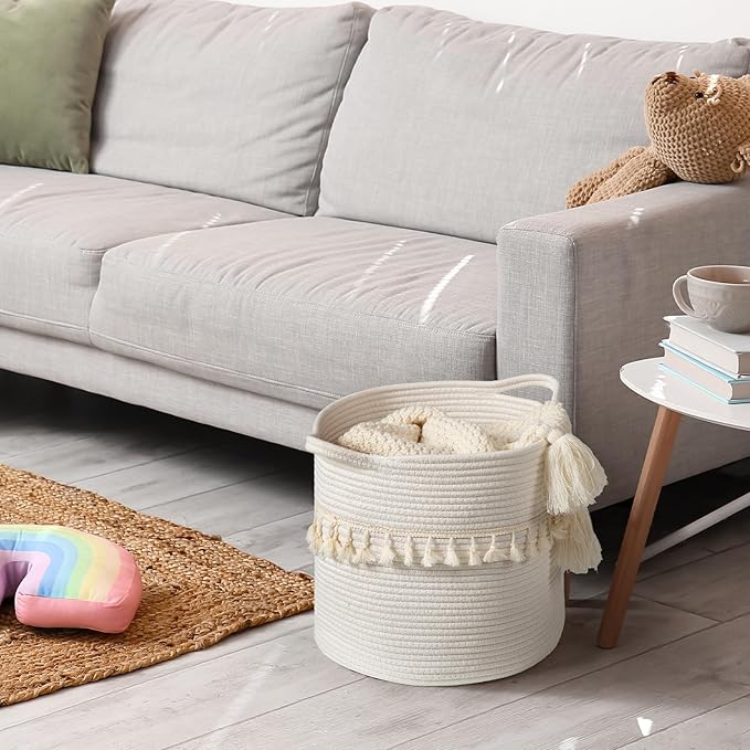 danpinera 3 Pack White Storage Baskets, 11"x11" Soft Woven Baskets for Storage and Decor in Bedroom, Nursery, Closet, Small Round Rope Baskets for Shelves, Decorative Storage Basket
