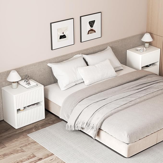 Dripex Fluted Nightstand with 2 Drawers, Large Wide Wood Night Stand Bedside Tables for Bedroom, Mid-Century Modern Storage Bed Side Table, End Tables for Living Room Sofa Couch, White, Set of 1