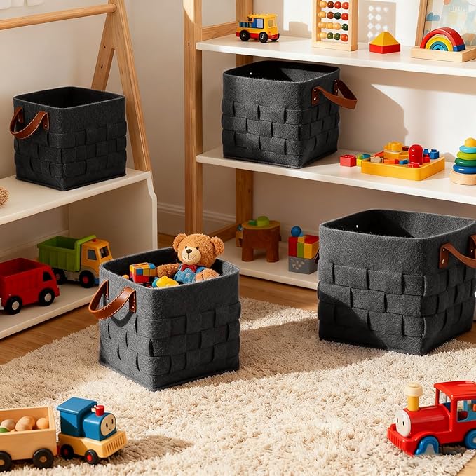 Bold monkey Storage Basket 3 Pack, Medium 10" x10" x10 " Baskets for Shelves with Leather Handle, Cube Felt Fabric Storage Box for Bedroom, Nursery, Living Room - Dark grey