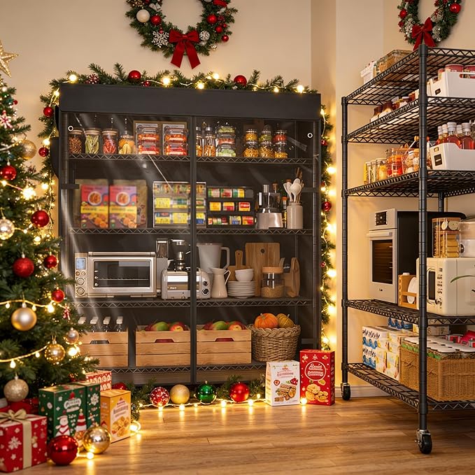 REIBII 45''W Storage Shelves Waterproof Metal Shelving with Cover Dustproof, Wire Shelving Unit Covers & Wheels Garage Storage Rack Wire Shelf for Kitchen Pantry, Storage Room, 45Wx17.72Dx72.83H