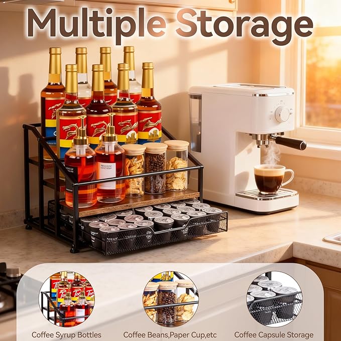 Coffee Syrup Rack Organizer, 4-Tier 12 Bottle Syrup Rack with 35 K Cup Drawer for Coffee Bar, Countertop Bottle Holder Stand for Dressing for Kitchen Cafe Station