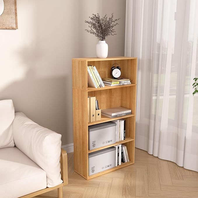 Wooden 4 Cube Storage Organizer,4 Tier Low Bookcase Storage Display Organizer, 44 Inch Versatile Cubes Shelf and Cubby Unit for Any Space (Oak, 4 Cube-W(23.6inch)