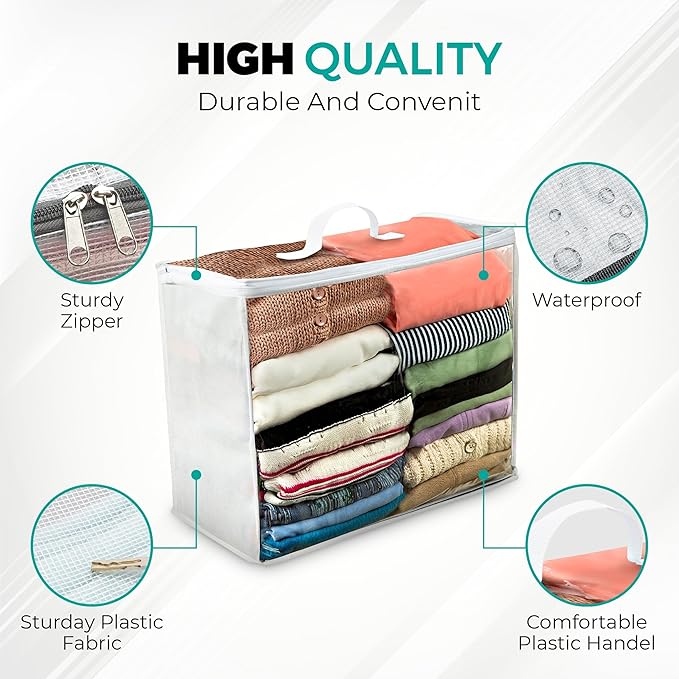 6 pack Clear Plastic Storage Bag with Zipper, Foldable Moving Bag for Comforters, Blankets, Bedding, Storage Containers, Breathable, Durable Clothes and Duvet Closet Organizers, 20x20x8