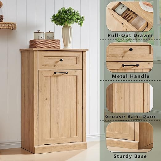 Tilt Out Trash Can Cabinet, 10 Gallon Farmhouse Laundry Hamper Cabinet with Drawer, Hidden Wooden Trash Garbage Can Bin with Storage Basket for Kitchen, Living Room (Natural)