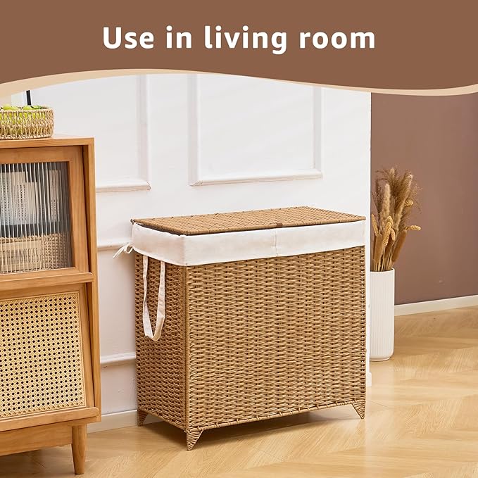 Laundry Hamper with Lid and Removable Liner Bag, Handwoven Rattan Clothes Hamper with Heightened Feet, Wicker Laundry Basket for Clothes and Towels，Large, 2-sections