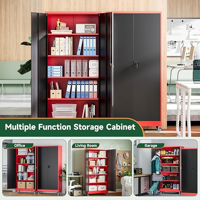 Letaya Metal Garage Storage Cabinets with Lock Door and Adjustable Shelves, Steel Tool Cabinets for Home,Office,Warehouse Organisieren (Black Red, 75" H)