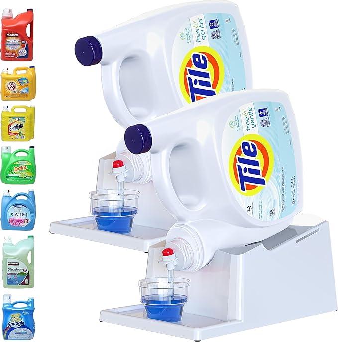 TidyFriend Laundry Detergent Holder Stand Organizer with Drip Tray, 2 Pack Laundry Soap Holder with Non-Slip Rubber Feet for Washing Space Organization, Angled Downward Slope for Easy Pouring (White)