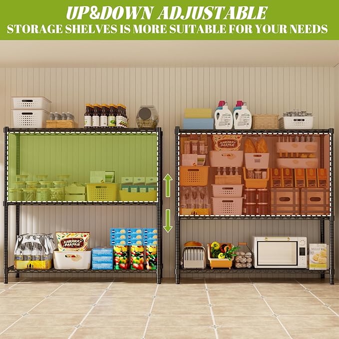 Storage Shelves, 3 PCS 48" L x 20" W x 47" H Heavy Duty Garage Wire Shelving Unit Loads 1200LBS, 3-Tier Adjustable Metal Industrial Utility Shelf Rack for Kitchen, Laundry Room, Basement