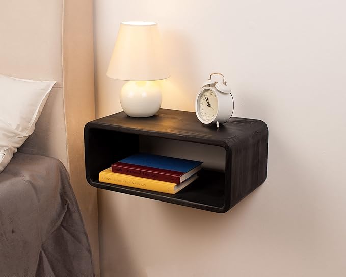 Floating Nightstand Wooden, Bedside Table, Nightstand Shelf, Handmade, Wall Mounted Bedside Shelf, Minimalist and Unique Style (Black)