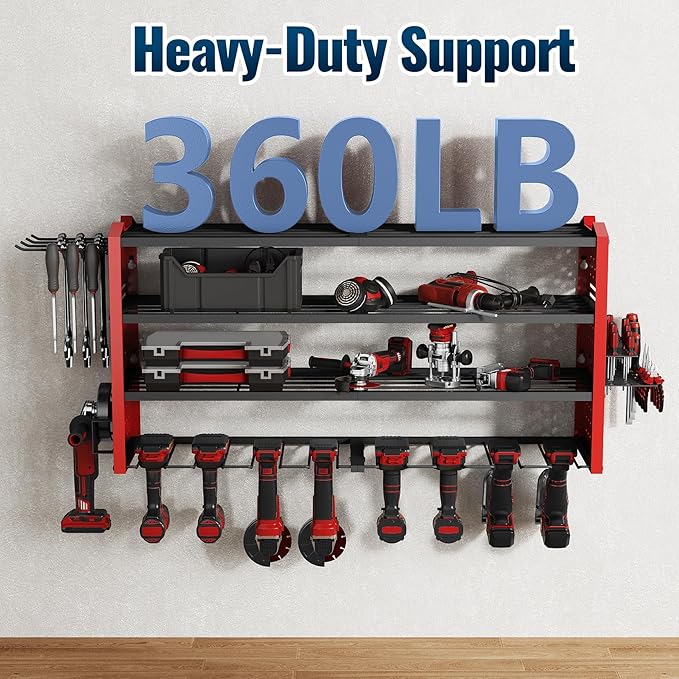 Tomorotec 4-Layer Wall-Mounted Power Tool Storage Rack, Heavy-Duty Steel Drill Organizer with Adjustable Shelves & Side Hooks for Toolbox, Easy Installation Garage & Workshop Storage (Red)