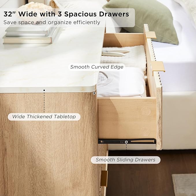 T4TREAM Fluted 3 Drawers Nightstand Set of 2, Oversized Extra Large Modern Side Table with Faux Marble Top, End Table Bedside for Bedroom, Living Room, Curved Profile Design, Natural Oak