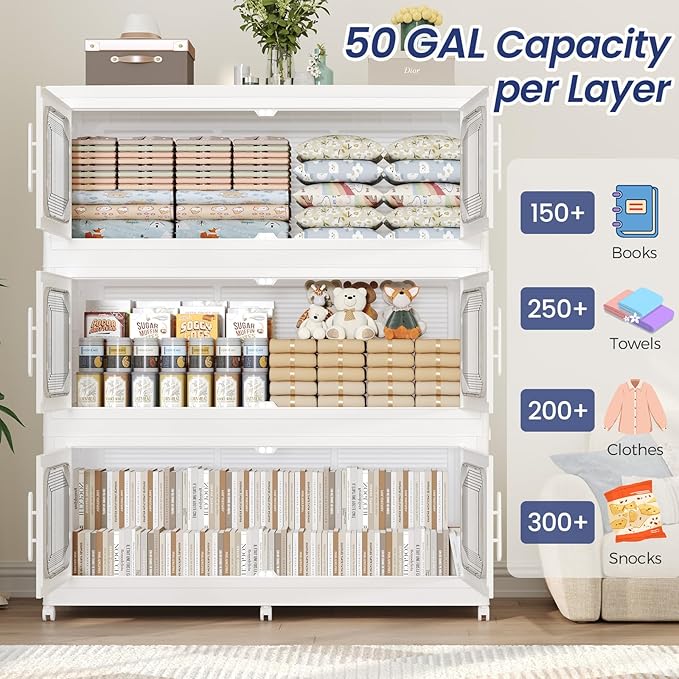 200GAL Extra Large Storage Bins with Lid, 800QT Storage Bins with Wheels, Folding Closet Organizer, Stackable Collapsible Plastic Storage Containers for Home, Office, Kitchen, 4Pack White