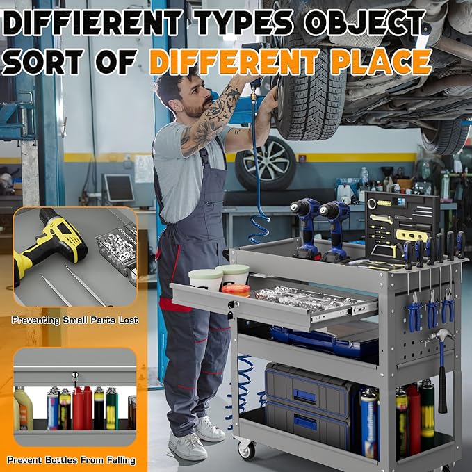 3 Tier Tool Cart on Wheels with Drawers - Three Tier Rolling Cart with Lockable Storage - Mechanic Tool Chest - Tool Chest with Wheels Used in Garage, Indoors, Workshop (Gray)
