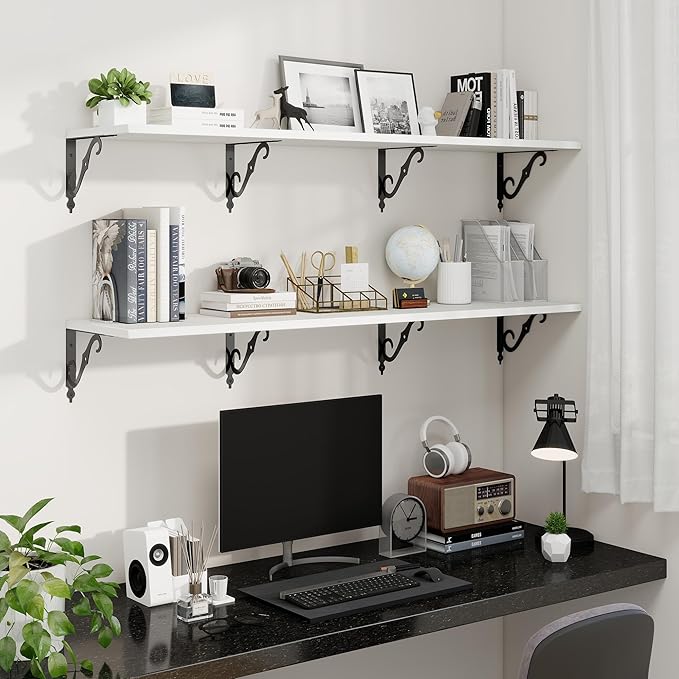 Fun Memories 55 Inch Floating Shelves, Long Floating Shelves Wall-Mounted, 12 Inch Deep Bookshelf with Bracket, 55" W x 12" D Shelves for Wall Display & Storage, White, Set of 2
