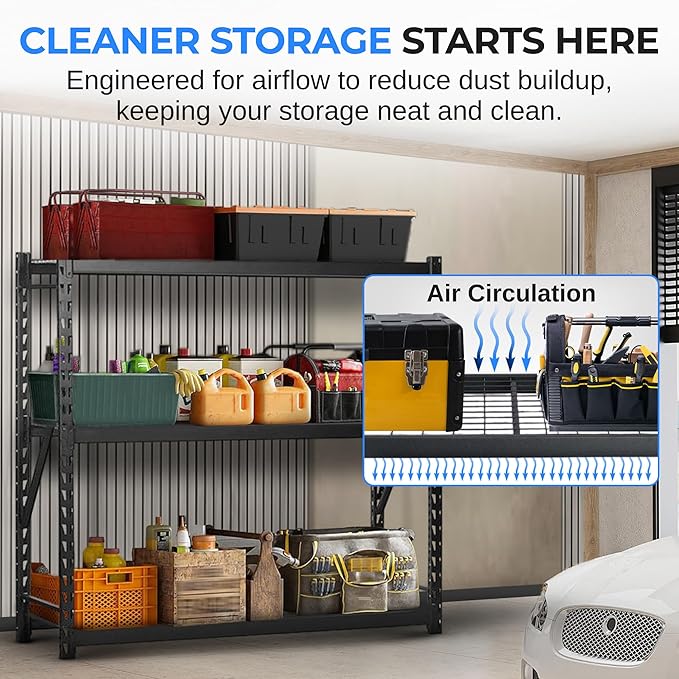 SereneLife Heavy Duty 3-Tier Metal Garage Shelving | 24" x 77" x 72" Extra Wide Adjustable Storage Utility | Freestanding Bulk Storage Rack | Open Wire Mesh Design | 2000 lbs. Capacity