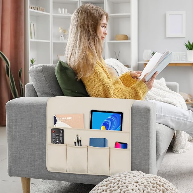 Remote Control Holder for Armchair，Couch Caddy Organizer TV Remote Holder for Bed Storage 5 Pockets，Remote Caddy Bedside Organizer Bedside Table Organizer (Beige, 35''x18'')