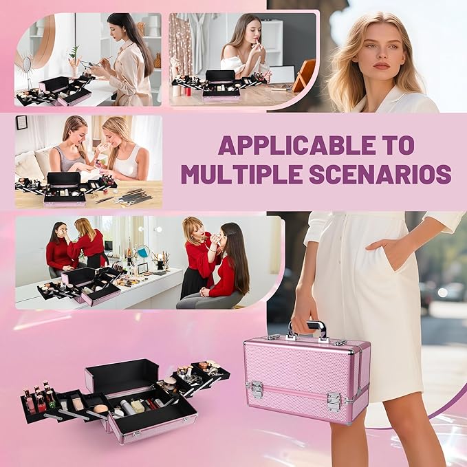 Large Makeup Train Case Cosmetic Organizer Case Makeup Box Portable Make Up Artist Travel Case with 6 Trays Dividers Lockable Hard Train Case Nail Tech Supply Storage - Crystal Pink
